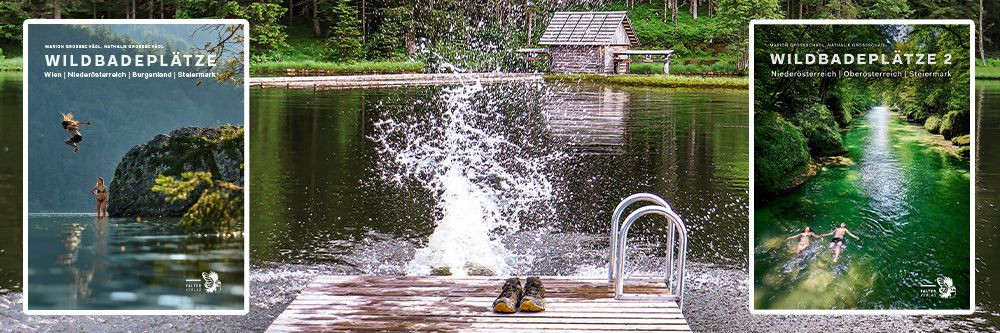Sprungbrett an einem Naturbadeteich mit spritzendem Wasser und Wanderschuhen auf dem Steg und Cover der Bücher mit Titel „Wildbadeplätze“ © Marion Großschädl
