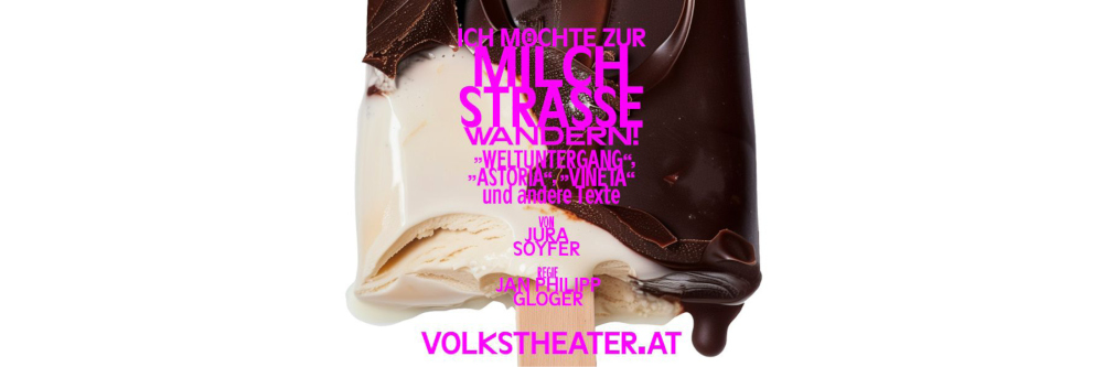 schmelzendes Milcheis mit Schokoladeüberzug hinter Titel der Vorstellung im Volkstheater Wien © Volkstheater Wien